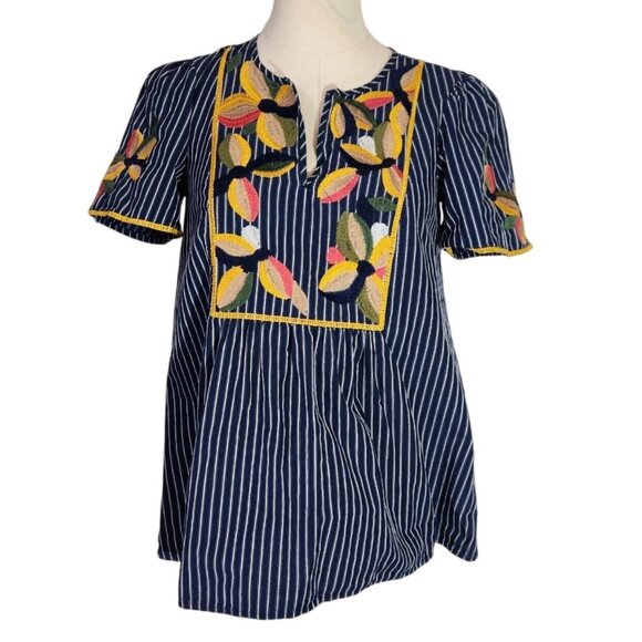 Madewell Navy Embroidered Floral Stripe Short Sleeve Boho Blouse Womens XSS - Picture 1 of 16
